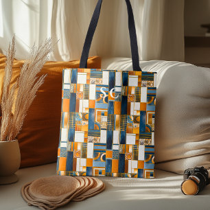 Patchwork Geometric Autumn with Orange and Blue Tote Bag