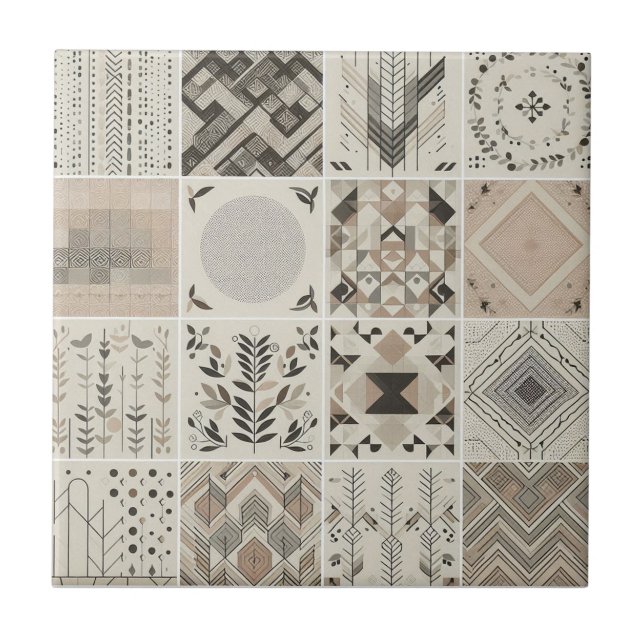 Patchwork Geometric Oatmeal Vintage Leaf  Tile (Front)