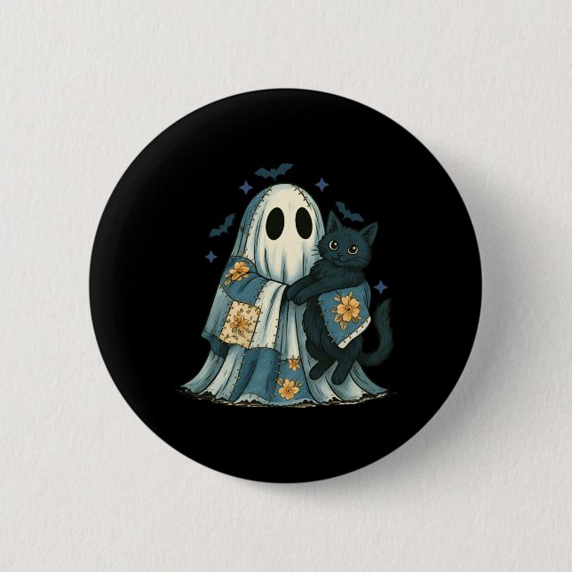 Patchwork Ghost Quilting Halloween Black Cat 2 Inch Round Button (Front)