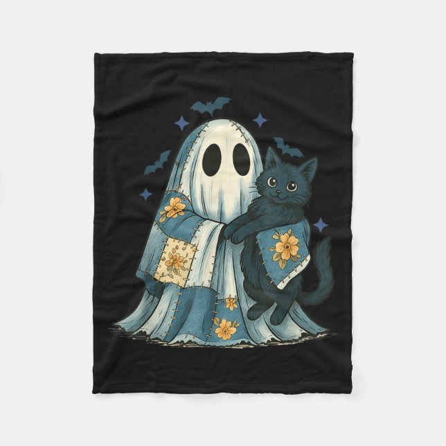 Patchwork Ghost Quilting Halloween Black Cat Fleece Blanket (Front)