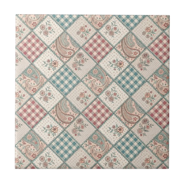 Patchwork Gingham & Quilted Paisley Chequered Art Tile (Front)