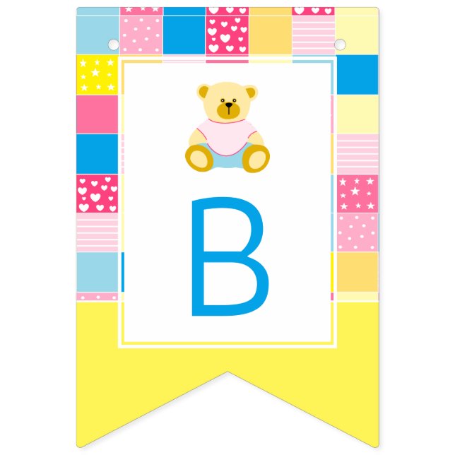 Patchwork Gold Bear, Baby Shower Bunting Flags (Third Flag)