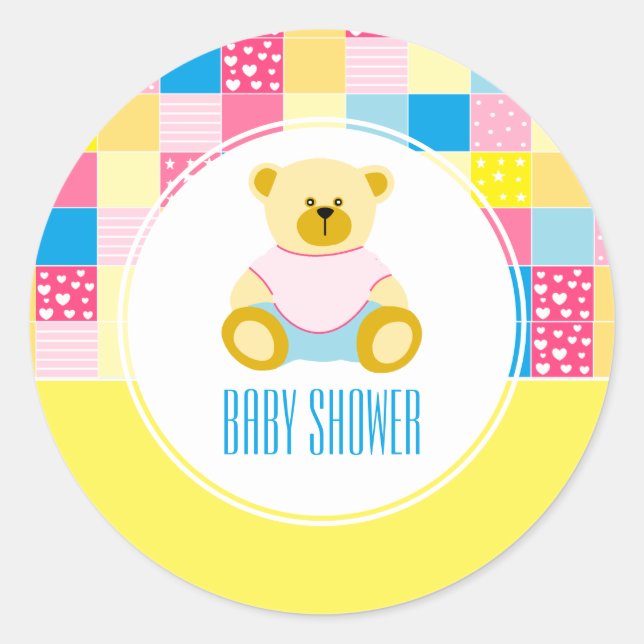 Patchwork Gold Bear, Baby Shower Classic Round Sticker (Front)
