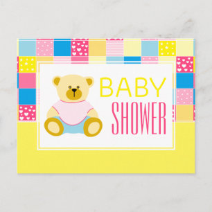 Patchwork Gold Bear, Baby Shower Invitation