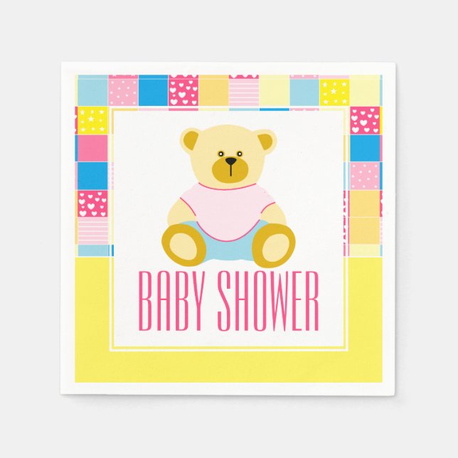 Patchwork Gold Bear, Baby Shower Napkin (Front)