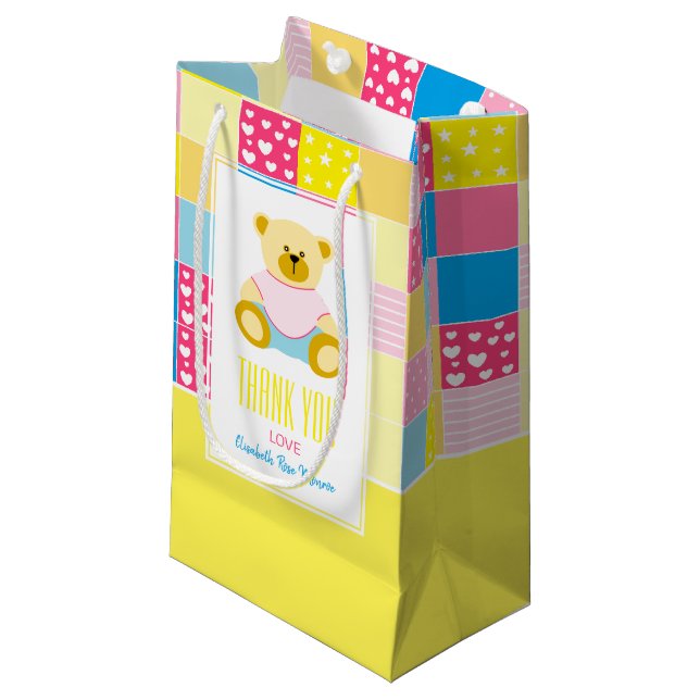 Patchwork Gold Bear, Baby Shower Thank You Favor Small Gift Bag (Front Angled)