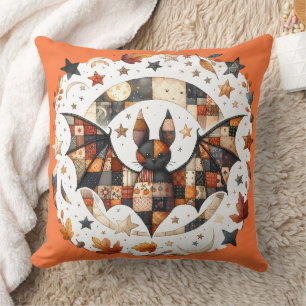 Patchwork Halloween Bat in Autumn Colors Throw Pillow