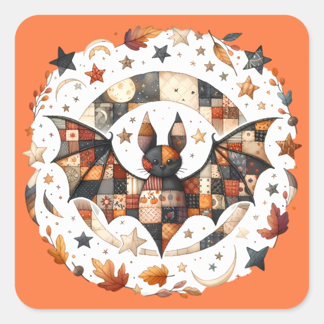 Patchwork Halloween Bat in Autumn Colours Square Sticker (Front)