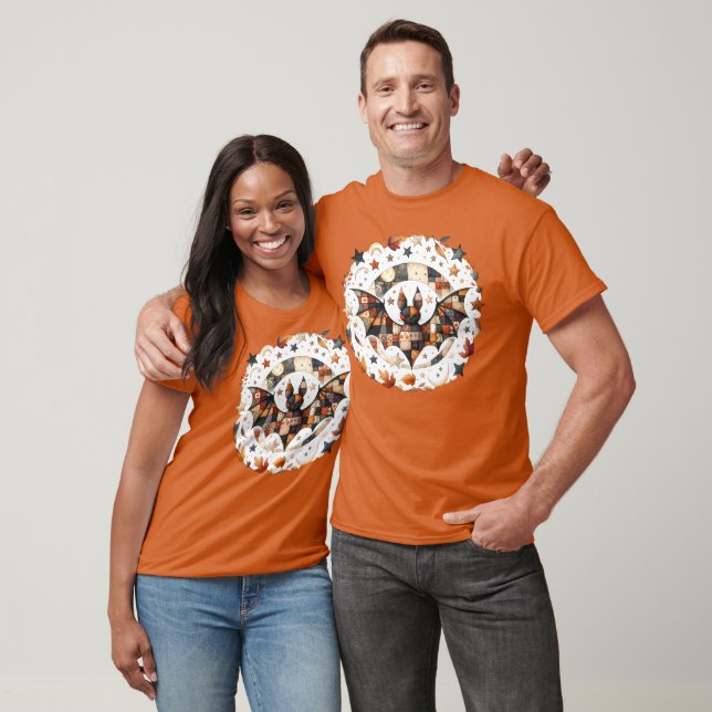 Patchwork Halloween Bat in Autumn Colours T-Shirt (Unisex)