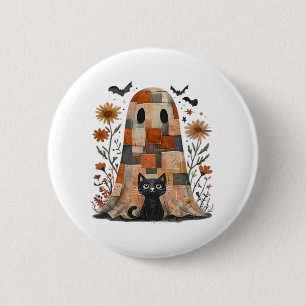 Patchwork Halloween Ghost and Cat , Retro Spooky F 2 Inch Round Button