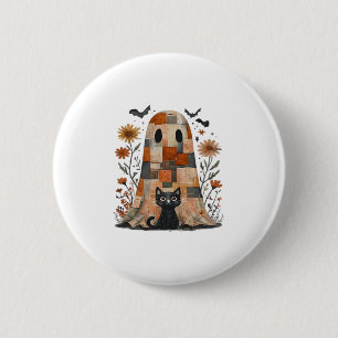 Patchwork Halloween Ghost and Cat , Retro Spooky F 2 Inch Round Button