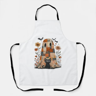 Patchwork Halloween Ghost and Cat , Retro Spooky F Apron