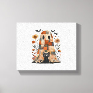 Patchwork Halloween Ghost and Cat , Retro Spooky F Canvas Print