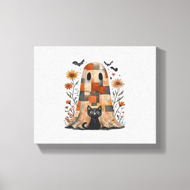 Patchwork Halloween Ghost and Cat , Retro Spooky F Canvas Print (Front)