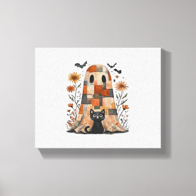 Patchwork Halloween Ghost and Cat , Retro Spooky F Canvas Print (Front)