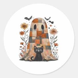 Patchwork Halloween Ghost and Cat , Retro Spooky F Classic Round Sticker