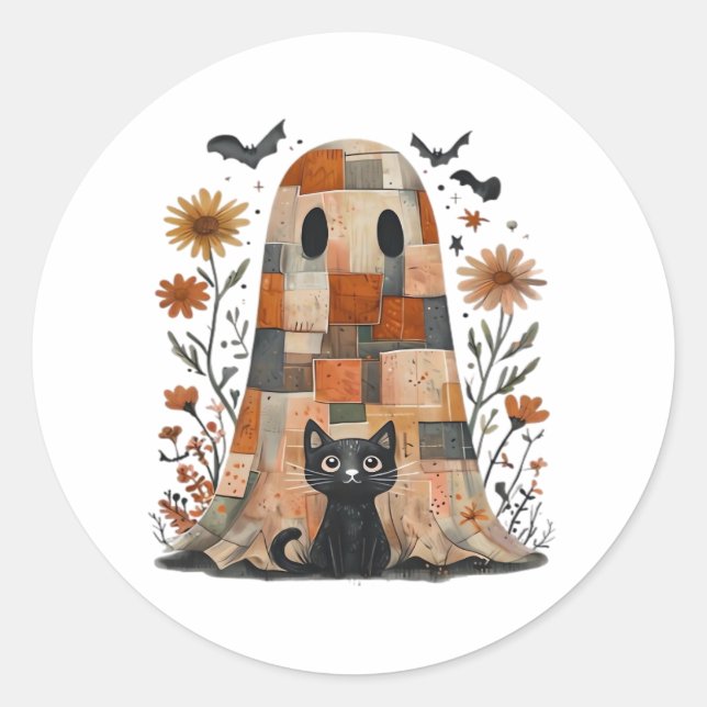 Patchwork Halloween Ghost and Cat , Retro Spooky F Classic Round Sticker (Front)