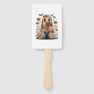 Patchwork Halloween Ghost and Cat , Retro Spooky F Hand Fan