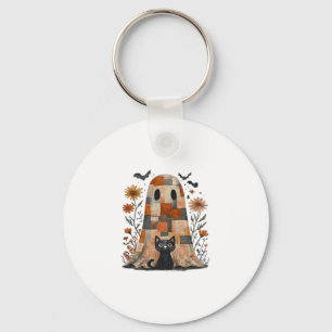 Patchwork Halloween Ghost and Cat , Retro Spooky F Keychain