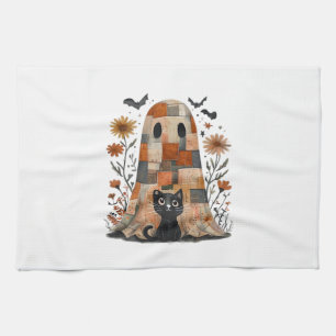 Patchwork Halloween Ghost and Cat , Retro Spooky F Kitchen Towel