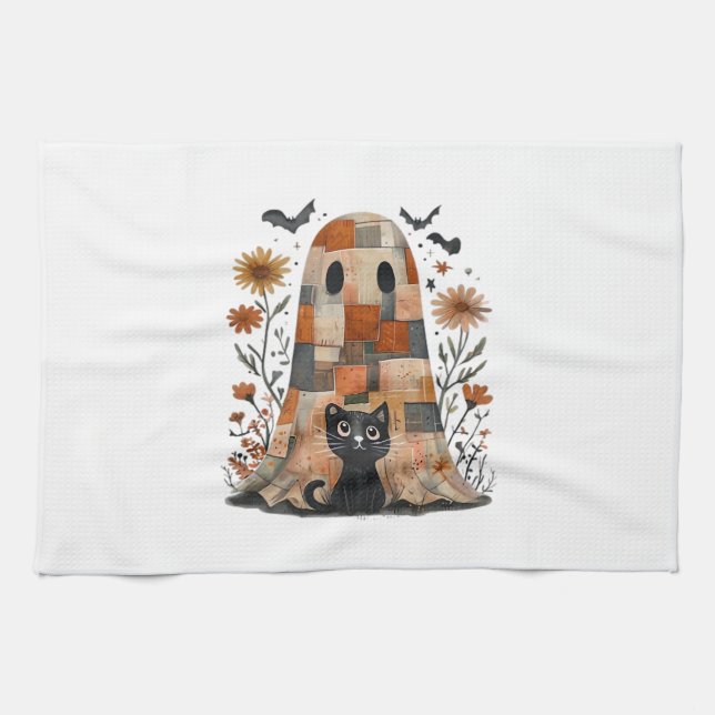 Patchwork Halloween Ghost and Cat , Retro Spooky F Kitchen Towel (Horizontal)