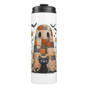 Patchwork Halloween Ghost and Cat , Retro Spooky F Thermal Tumbler