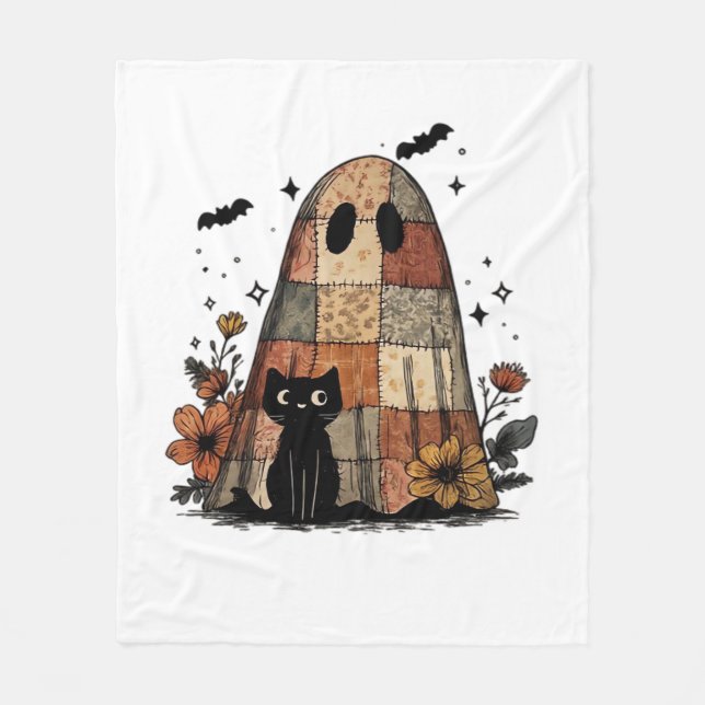 Patchwork Halloween Ghost black cat Essential T-Sh Fleece Blanket (Front)