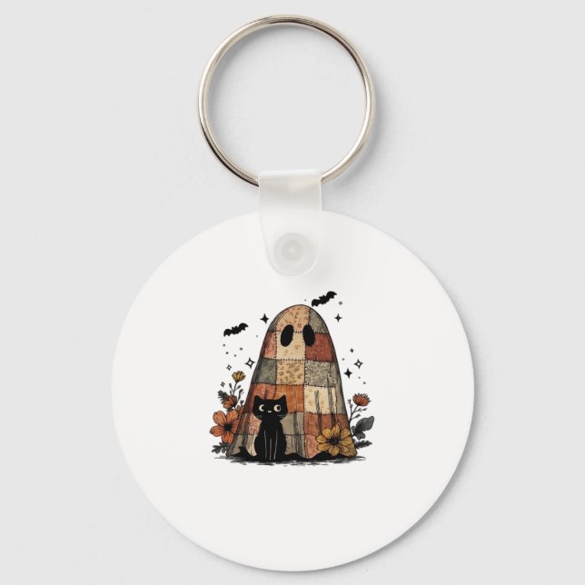 Patchwork Halloween Ghost black cat Essential T-Sh Keychain (Front)