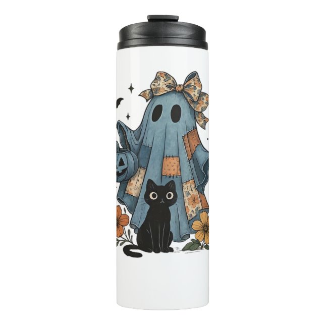 Patchwork Halloween Ghost black Cat Essential T-Sh Thermal Tumbler (Front)