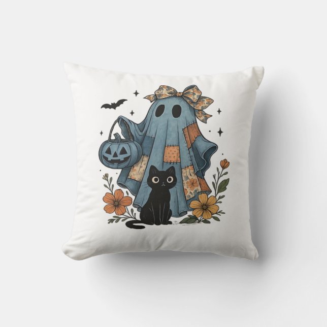 Patchwork Halloween Ghost black Cat Essential T-Sh Throw Pillow (Front)