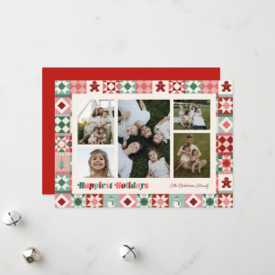 Patchwork Happiest Holidays Pink Red Green Photo Holiday Card