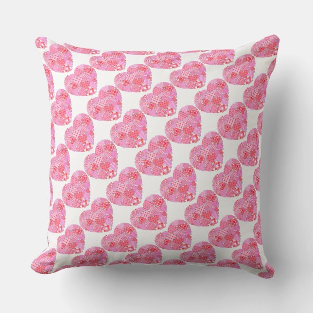 Patchwork Hearts White Throw Pillow (Front)