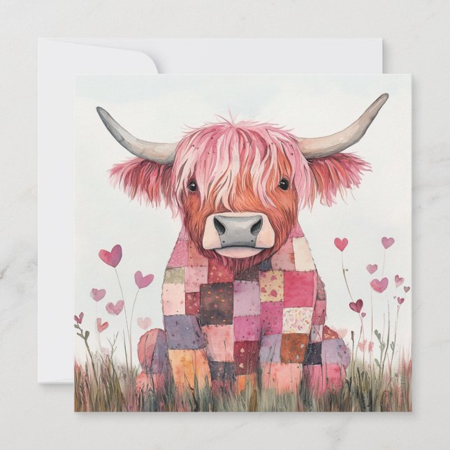Patchwork Highland Cow Valentine Holiday Card (Front)