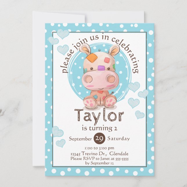 Patchwork Hippo Child's Blue Birthday Invitation (Front)