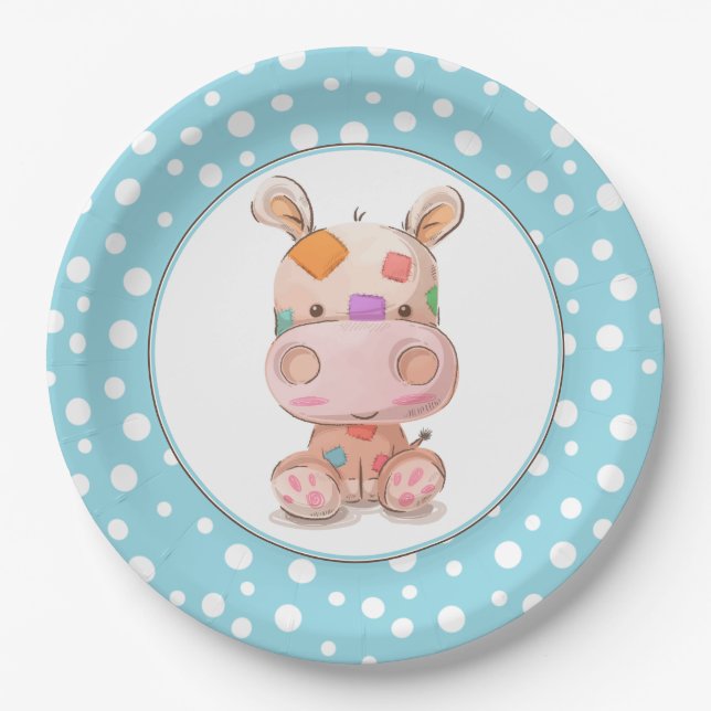 Patchwork Hippo Child's Blue Birthday Paper Plate (Front)
