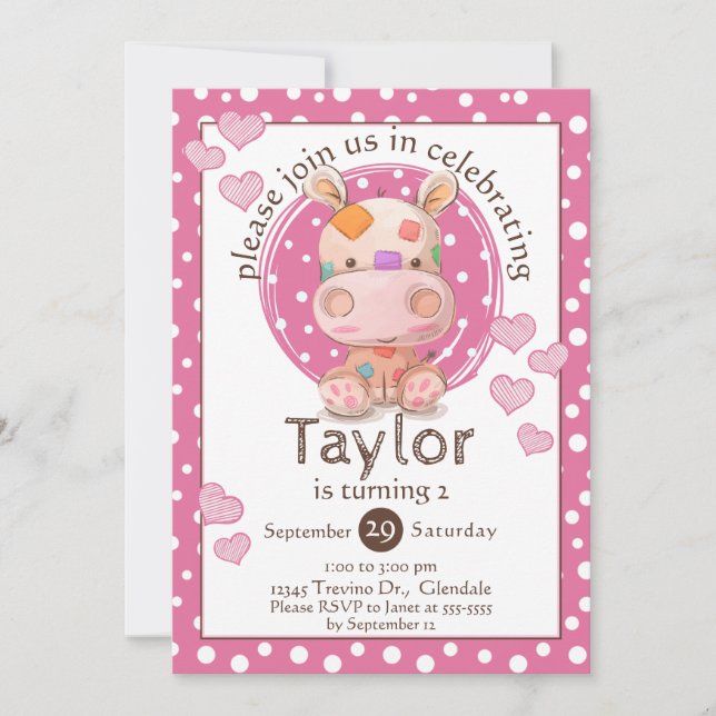 Patchwork Hippo Child's Pink Birthday Invitation (Front)