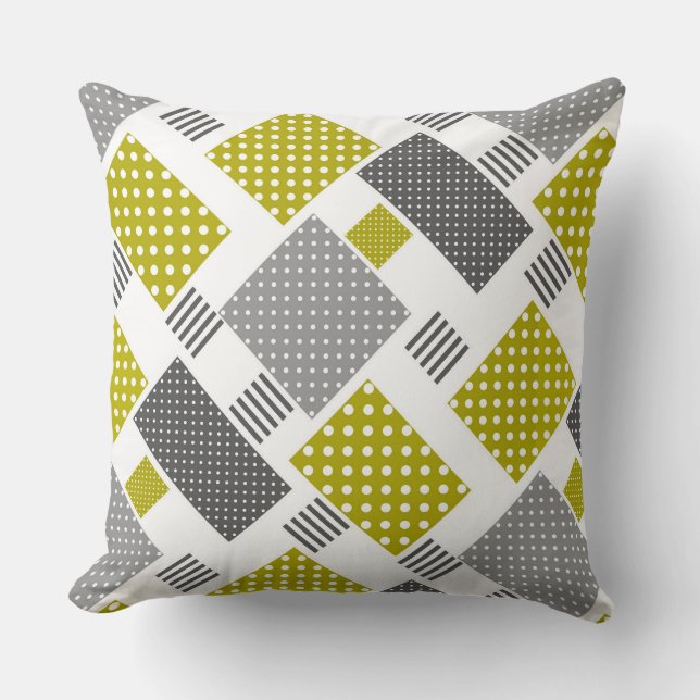 Patchwork in polka dots and stripes olive green  throw pillow (Front)