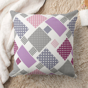 Patchwork in polka dots and stripes pink and plum  throw pillow