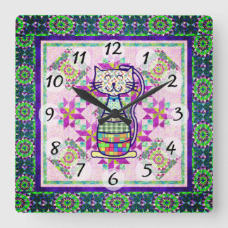 Patchwork Kitty Square Wall Clock