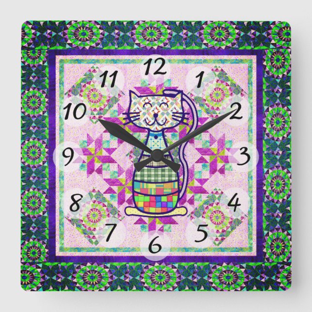 Patchwork Kitty Square Wall Clock (Front)