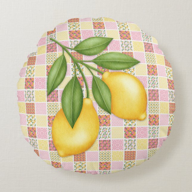 Patchwork Lemon Round Pillow (Front)