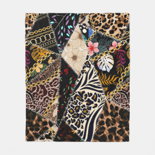 Patchwork Leopard: Ethnic Lining Design. Fleece Blanket