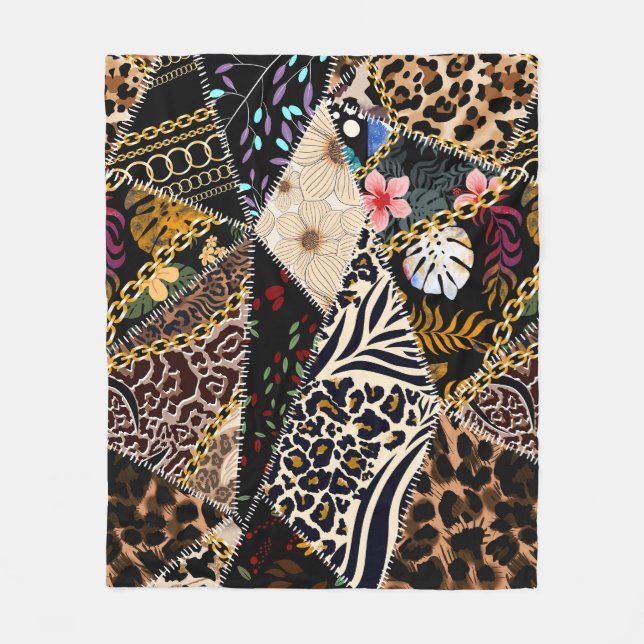 Patchwork Leopard: Ethnic Lining Design. Fleece Blanket (Front)