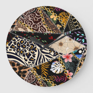 Patchwork Leopard: Ethnic Lining Design. Large Clock