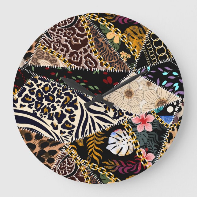 Patchwork Leopard: Ethnic Lining Design. Large Clock (Front)