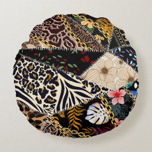 Patchwork Leopard: Ethnic Lining Design. Round Pillow