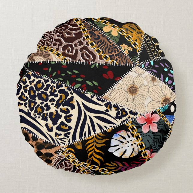 Patchwork Leopard: Ethnic Lining Design. Round Pillow (Front)