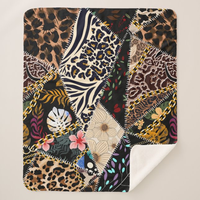 Patchwork Leopard: Ethnic Lining Design. Sherpa Blanket (Front)