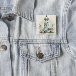 Patchwork Lighthouse Coastal Floral Scene 2 Inch Square Button