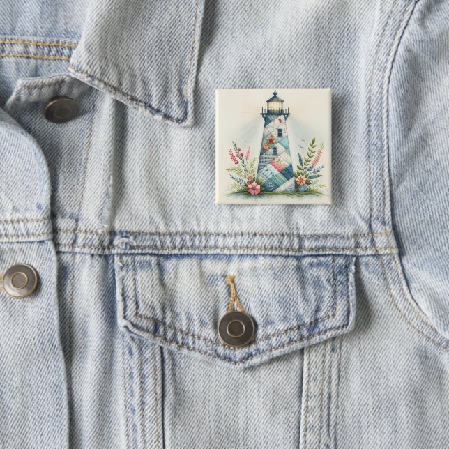 Patchwork Lighthouse Coastal Floral Scene 2 Inch Square Button (In Situ)